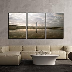3 Piece Canvas Wall Art - Lighthouse Reflection in The Sea - Modern Home Art Stretched and Framed Ready to Hang - 16"x24"x3 Panels
