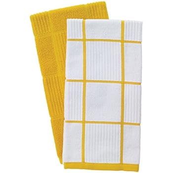 T-Fal Textiles 60943 2-Pack Solid & Check Parquet Design 100-Percent Cotton Kitchen Dish Towel, Lemon, Solid/Check-2 Pack