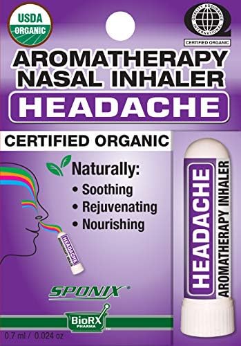 Best Organic Aromatherapy Headache Nasal Inhaler - Made with 100% Organic Essential Oils - 0.7 ml by Sponix