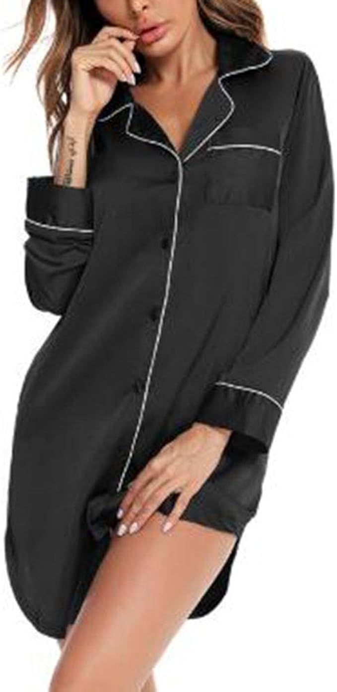 DSJJ Women's Button Front Nightshirts V Neck Long Sleeve Cotton Jersey