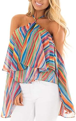 Women Casual Rainbow Stripe Print Shirt Cold Shoulder Blouse Ruffle Fold Top Tronet Summer Tops for Women