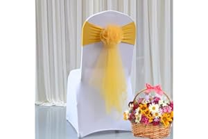 JADERYS Pack of 10 Flowers Organza Stretch Chair Sashes for Romantic Wedding Holiday Party Celebration Birthdays Chair Decorations (Gold, 10pcs)