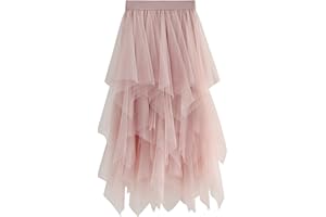 BOWANADACLES Women Mesh Tutu Skirt Layered Tulle Elastic High Waist Skirt Fluffy Irregular Hem Pleated A-line Midi Skirt