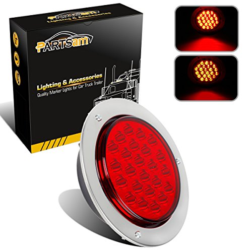 Partsam Universal Red 24 LED 4″ Round Stop Turn Brake Tail Light Truck Trailer w/ Stainless Steel Rings