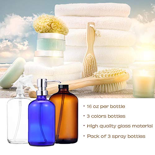 Empty Glass Spray Bottles 16 oz with 3 Pump Dispensers for Essential Oils Homemade Cleaning Products Accessories 4 Labels 3 Bottles Caps 1 Funnel