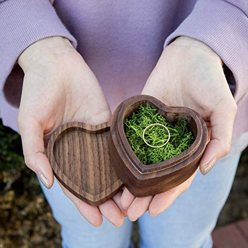Heart shaped wood box filled with green moss (Engagement Proposal Ring Box - Ring Bearer Box - Jewelry Storage Box - Photo Prop)