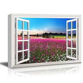 Creative Window View Canvas Prints Wall Art - Sunrise Over a Blossoming Field - 24" x 36"