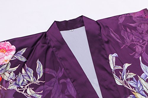 Old-to-new Women's Long Lightweight Elegant Kimono Robe Silk Bathrobe Dressing Gown with Fur- Watercolor Floral