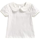 MODNTOGA Kids Baby Girl Long Sleeve Collar Shirt Toddler White Blouse Puff Short Sleeve T-Shirt Solid Color Basic Top Bottom