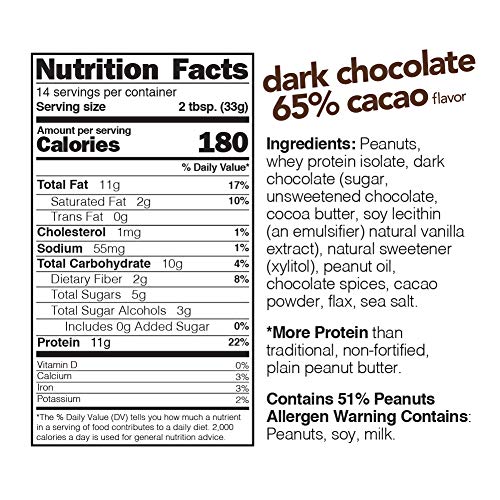 Nuts 'N More Dark Chocolate Peanut Butter Spread, All Natural High Protein Nut Butter Healthy Snack, Omega 3's and Antioxidants, Low Carb, Low Sugar, Gluten-Free, Non-GMO, no preservatives,16 oz Jar