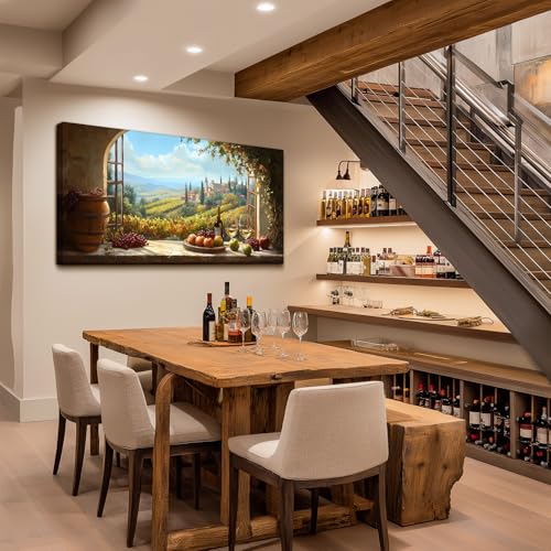 MHARTK66 Wine-growing landscape painting, 73 x 146 cm, XXL decorative canvases with window, fruit and wine glasses, Tuscan and rustic decoration for living room, dining room, bedroom, hallway, bathroom, office