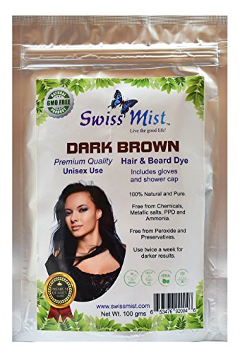 Swiss Mist - Dark Brown Henna Hair Dye 100% Natural, No Chemicals, Metallic Salts, PPD, Ammonia, Peroxide, GMO-Free, Triple sifted for Quality, Guaranteed Freshness - 100 Grams (3.52 oz)