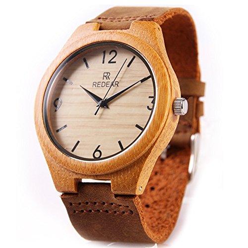 Mens Wooden Watches Brown and Black Cowhide Leather Strap Casual Watch for Men Womens