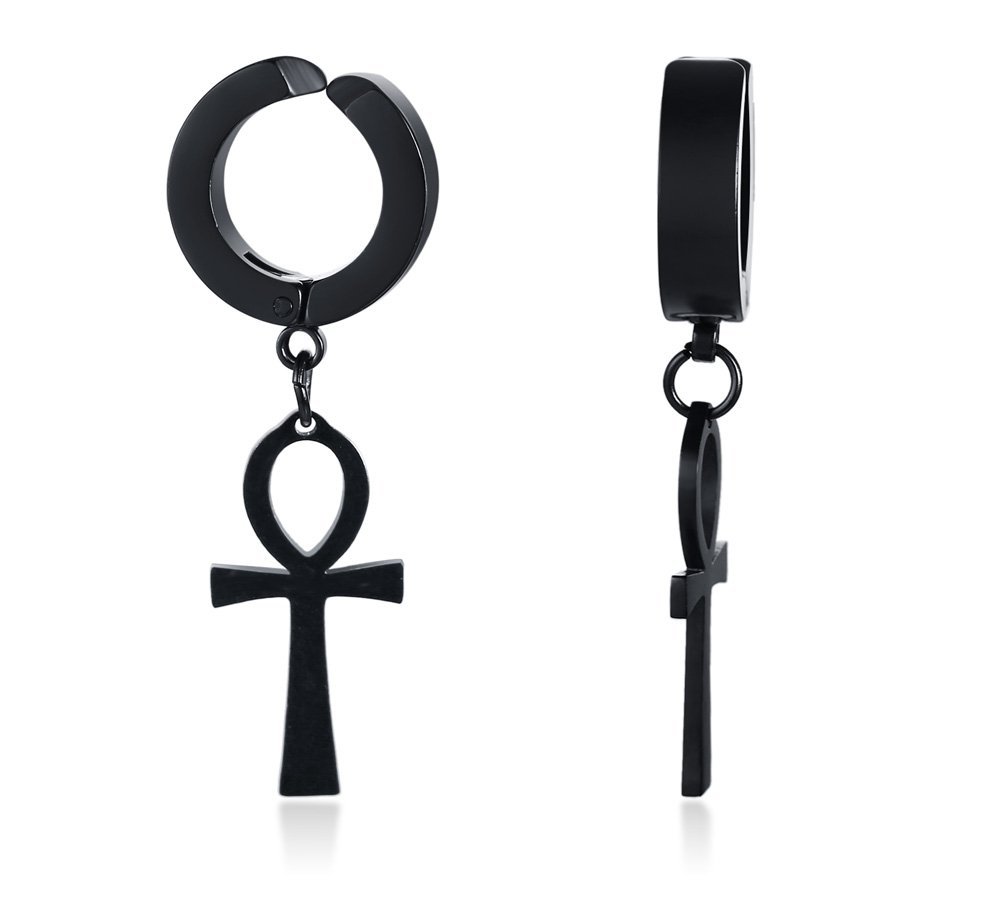 VNOX Black Plated Stainless Steel Egyptian Key of Life Ankh Cross Dangles Non-Piercing Clip on Earrings for Men Women