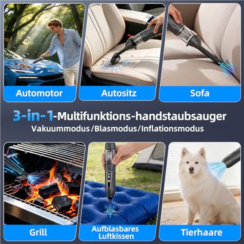 Ombrex 20000pa Handstaubsauger Akku, 3 IN 1 Auto Staubsauger Stark mit 4 Saugmodi, Portable Vacuum Cleaner für Auto, Haustiere,Sofa,Büro, Mini Staubsauger 7500mAh(Schwarz)