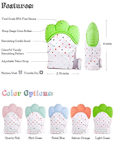 Baby Teething Mittens Self Soothing Pain Relief Mitt, Stimulating Teether Toy, Prevent Scratches Protection Glove with Travel Bag, Stay on Baby‘s Hand, Unisex for 0-6 months Baby (2 Mittens - Green) - Thumbnail 6