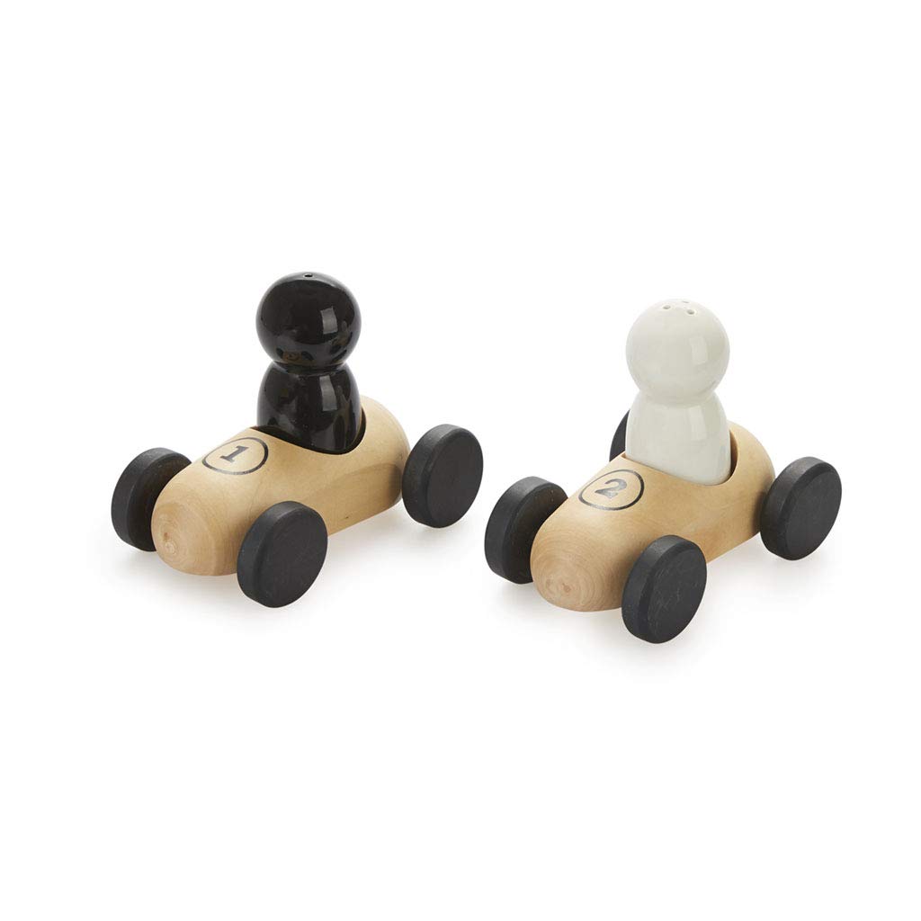 Balvi Salt & pepper set Bolides 2 Race drivers made of ceramic 2 racing cars made of wood Wood/cerami