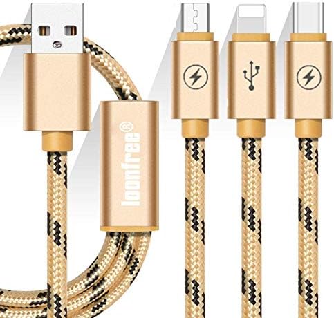 Multi USB Cable, Multi Charger Cable, Multi Charging Cable, 3 in 1 3A 1.2m Micro USB/USB Type C Nylon Braided USB Charger Data Cable Compatible with 7 7 Plus 6s 6s Plus 6 6 Plus-Gold