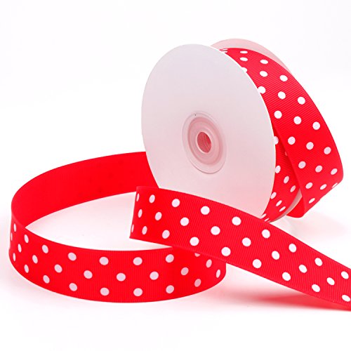 Laribbons Polka Dot & Swiss Dot Printed Grosgrain Ribbon - 1 Inch Wide by 25 Yards (Red White Dot, polka-250)