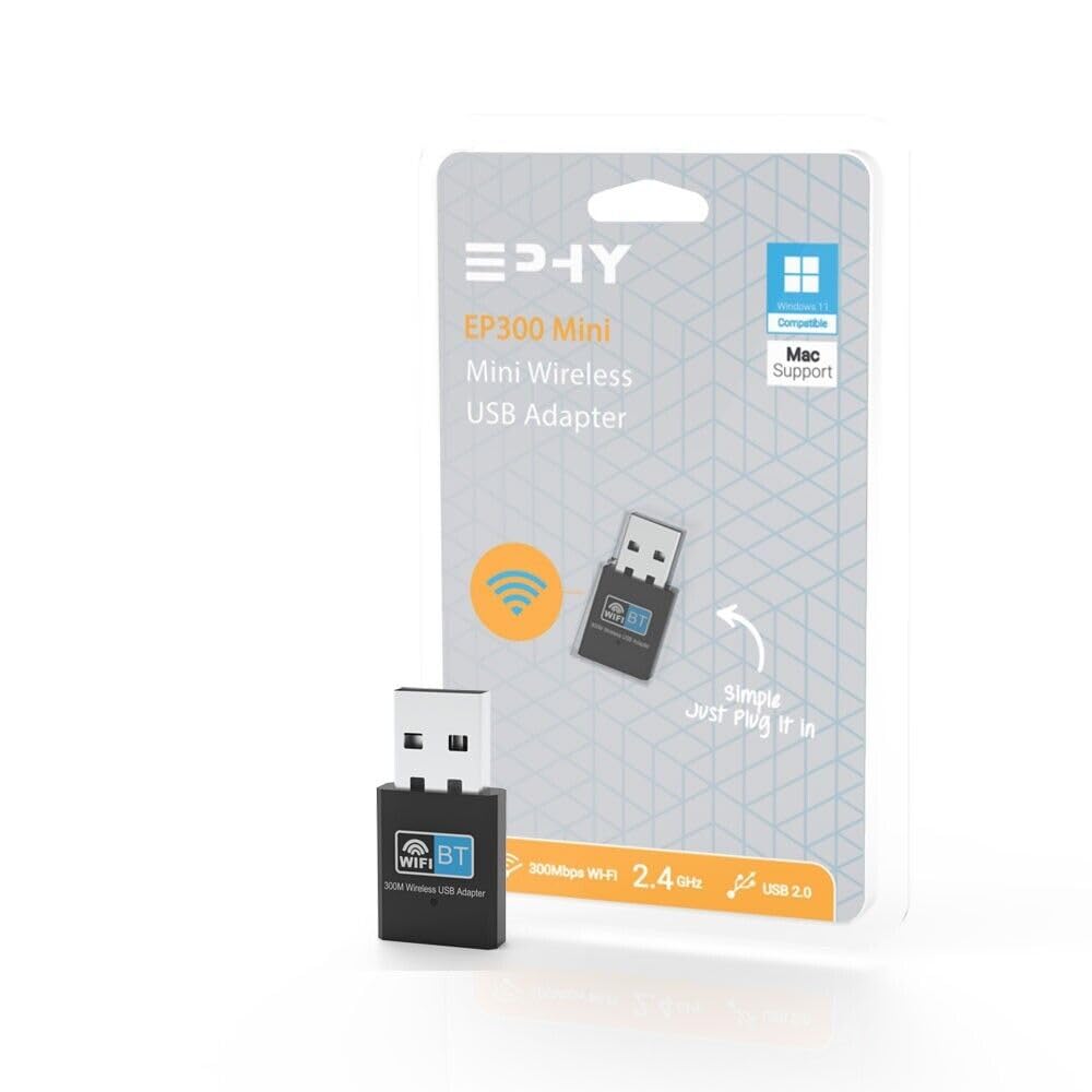 EPHY EP300 Super Fast Mini Wireless Wi-Fi USB Dongle Adapter 300Mbps 2.4Ghz USB-A for Windows PC Desktop SFF Micro Computer Apple Mac iMac