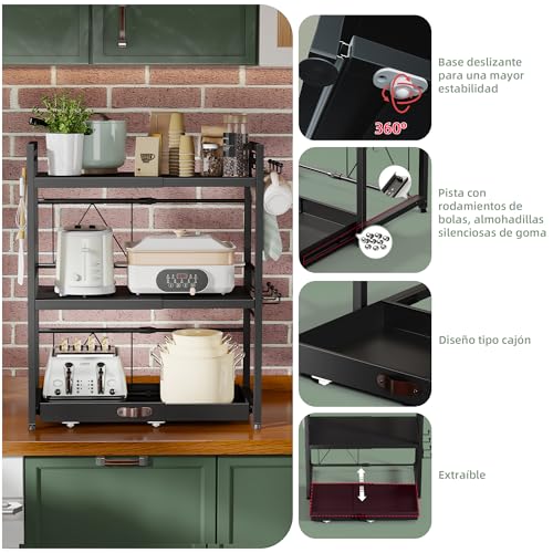 NETEL Extendable 3 Tier Microwave Stand, Adjustable Countertop Microwave Shelf, Kitchen Countertop, Microwave Organizer with Cup Holder and Storage Drawer, Black