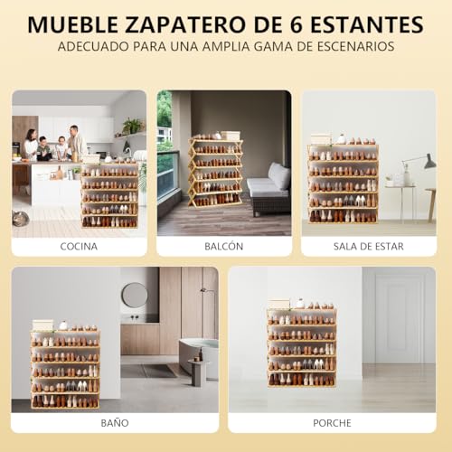 RESTSUKO Zapatero, Organizador De Zapatos De Bambú, Zapateros Independiente De 6 Niveles, Zapatero Recibidor, 20-24 Pares De Zapatos, Dormitorio, Puerta, SalóN, 70 Cm De Largo