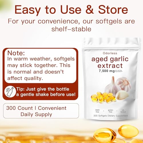 Aged Garlic Extract Capsules 7500mg Odorless – 300 Count Aged Garlic Supplement for Immune Support，Organic, Non-GMO, Vegetarian Softgels(1 PCS)