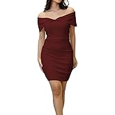 JTNFairy Women's Sexy Off Shoulder Dresses Sleeveless Party Club Ruched Cocktail Wedding Guest Bodycon Midi Dress