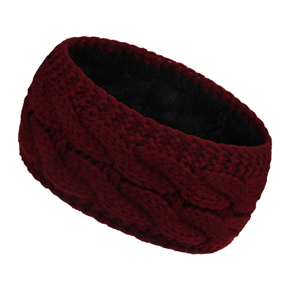 Women Ear Warmer Headband Fleece Lined Winter Warm Knitted Thick Hairband Thermal Headbands Elastic Hair Wrap (Wine Red)