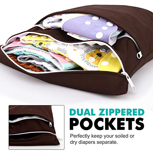 Zooawa Wet Dry Bag, 2 Pack Waterproof Reusable Portable Cloth Diapers Wet Bag with Double Zippered Pockets Carrying Storage Travel Bag Organizer for Baby Infants, Coffee + Gray
