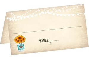 Vintage Sunflowers in Mason Jar Wedding Tented Table Place Cards (50 Count) - Fold Over Tent Style - Wedding Reception, Brida