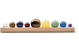 Jovivi Solar System 9 Planets Decorations Chakra Healing Crystal Sphere Ball Collective Figurines Handmade Natural Gemstone on Wooden Stand Display Home Office Decorations