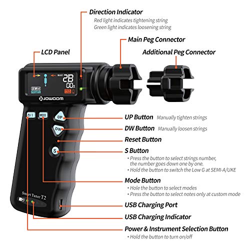 JOWOOM T2 Smart Automatic Guitar & Ukulele Tuner | Fast Acoustic Guitars Auto-Tuner With 180RPM Electric String Winder | Safe & Professional Grade Tuner For Ukuleles | USB Rechargeable Battery | Black - Thumbnail 3