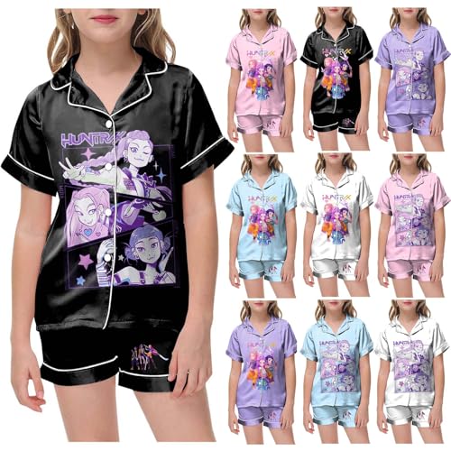 Kids Pyjamas 2 Pieces Cartoon Print Tracksuit Set Short Sleeve Pjs Music Party Nighties K-KPop D-Demon H-Hunters Tshirts + Short Kids PJ's Sleepwear for Girls Boys 2-13 Years