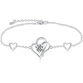 RIVIKO Love Heart Charm Bracelet For Women 925 Sterling Silver With Zirconia Birthstone Bracelets Adjustable Link for Mother Wife Sister Birthday Christmas Day Anniversary Jewelry Gift