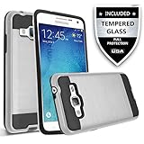 Galaxy On5 Case With Tempered Glass Screen Protector,IDEA LINE(TM) Hybrid Hard Shockproof Slim Fit Brushed Shockproof Protector Cover Heavy Duty Protective (Silver/Black)