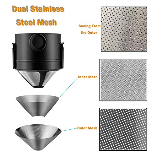 Coffee Maker Filters for 1 to 2-Cups, Pour Over Reusable Coffee Dripper, Collapsible Coffee Filter Cone with Stainless Steel Mesh and Cleaning Brush for Home, Travelling and Camping