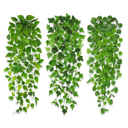 ROLLWAY Pack of 3 Artificial Hanging Plants 100 cm Artificial Plant Hanging Ivy Artificial Plants Like Real Plastic Plants Plastic Green Plant Balcony Plants Fake Vine for Outdoor Garden Balcony