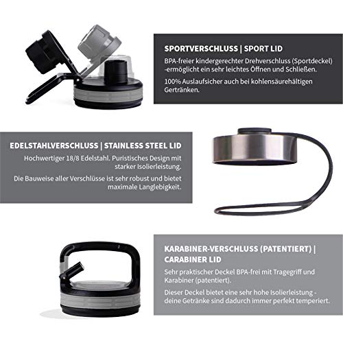 hydro2go ® Edelstahl Trinkflasche X-AlpsBottle - 1000ml / 1l | vakuumisolierte Thermosflasche + 3 Trinkverschlüsse | Auslaufsichere Isolierflasche | doppelwandige Outdoor Sportflasche | Thermoskanne – Bild 4