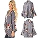 ECOWISH Womens Floral Print Loose Puff Sleeve Kimono Cardigan Lace Patchwork Cover Up Blouse, Gray, US M