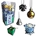 Christmas Ornaments Set - Mini Ornaments - Gold Balls, Silver Bells, Silver Iridescent Drums, Pinecones & Green Presents - 1 1/2