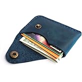 Handmade Leather Card Holder with Snap Closure - Ultra-Thin Minimalist Front Pocket Wallet, Hand-Stitched Simple Card Case