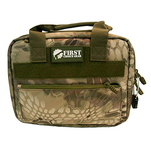 Pistol Case Range Bag for Handguns by FirstChoice Gear; 2-4 Gun Padded Tactical Handgun Soft Case, Lockable Zippers w/Padlock, 3 Mini-Holsters, 8 Mag Slots, 4 Pockets, Range Mat (Green Kryptek Camo)