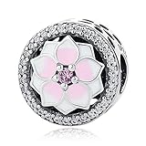 BAMOER New Arrival 925 Sterling Silver Magnolia Bloom Pale Cerise Enamel Beads For Women Bracelet