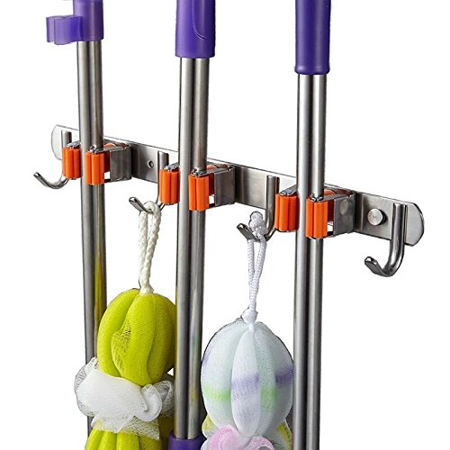 KKhouse 1 Pack Stainless Steel Mop Broom Holder Wall Mount with Hook Gripper Slot, Garden Storage Rack Mop Broom Handle Kitchen Storage Garage Garden Tools Commercial Organizer (4position 5hooks)