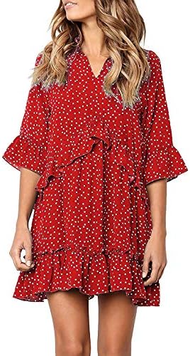 Women's Casual V Neck Polka Dot Swing Loose Dress Half Flare Sleeve Short Mini Dress