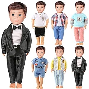 lausomile-6-Sets-Boy-Doll-Clothes-Fits-18-Inch-Doll-Daily-Casual-Clothes-Outfits-Various-Styles-Denim-Jumpsuits-Sportswear-Sweater-Plaid-Polo-Shirt-Tuxedo-Suits-for-American-Boy-Girl-Dolls-Logan-Doll