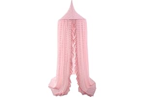 KISHOME Kids Bed Canopy for Girls, Pink Crib Canopy Princess Hanging Children Canopy Tent, Toddler Girl Canopy Bed Netting for Baby Room Bedroom Reading Nook, Macrame Lace Boho Nursery Canopy with Pom Pom