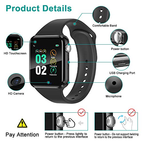 Smart Watch Compatible iOS iPhone Android Samsung，WJPILIS Bluetooth Smart Watch Touchscreen Fitness Activity Tracker with Camera Sleep Monitor Step Counter SIM SD Card Slot for Women Men Kids (Black)