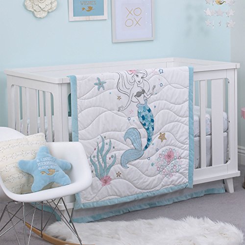 Disney Ariel Sea Princess 3 Piece Crib Bedding Set, Blue/White/Gold